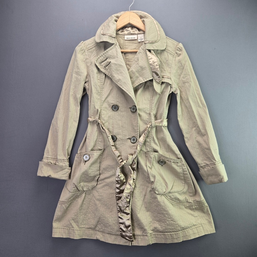 DKNY Jeans Trench Coat Jacket Double Breasted Size M Khaki Tan Satin Trim Belted